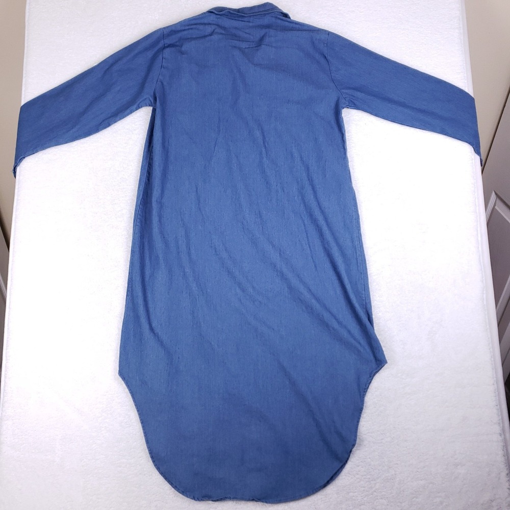 Blue Chambray Button Down Shirt Dress High Low Hem Long Sleeve Size 15 - Picture 5 of 7